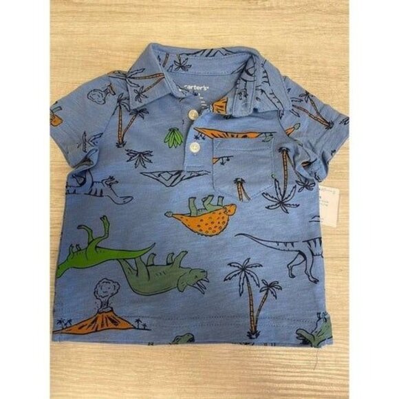 Carters 3M Baby Boys Blue Dinosaur Print Polo Shirt With Chest Pocket - Picture 2 of 4